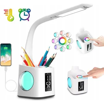 Lampička LED Stolní Lampa RGB s Organizérem, Teploměrem, Hodinami, Kalendářem a Budíkem 7v1