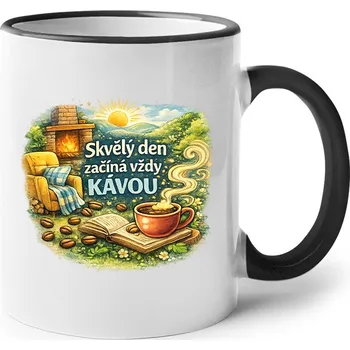 Keramický hrnek - Den začíná kávou, Barva Černá, Velikost 330 ml, Canvas Keramický hrnek s barevným uchem Bezvatriko.cz 3202