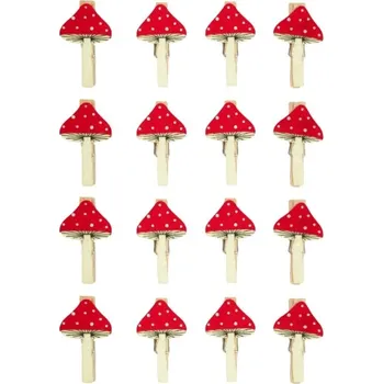 LAALU Vánoční ozdoby - mochomůrky na kolíčku, 6 cm, 16 ks