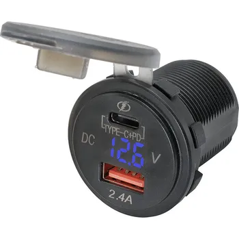 Adaptér 12V / USB 2,4 A + USB C + voltmetr / modré podsvícení