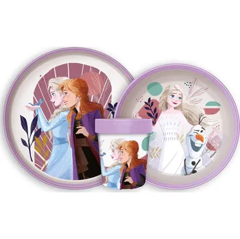 Jídelní set Storline Dětský plastový jídelní set FROZEN s protiskluzem a kelímkem fialový