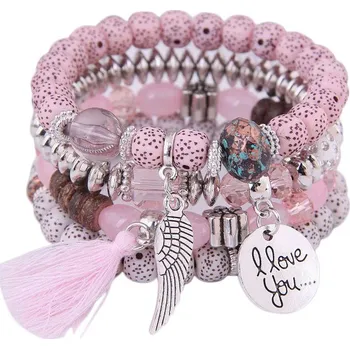 Náramek Wrap Q1 Dámský korálkový wrapový náramek 4ks růžový