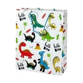 Dárková taška Papírová dárková taška bílá s dinosaury v kostce 32 cm x 26 cm x 10 cm