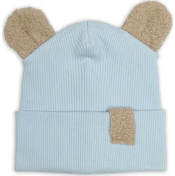 Dětská móda Baby Nellys Dvouvrstvá žebrovaná čepička s oušky boucle medvídek - modrá, 80/86