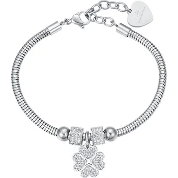 Šperk LUCA BARRA Náramek z oceli se čtyřlístkem a bílými krystaly