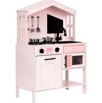 Dětské zboží ECOTOYS PLK563P Dřevěná kuchyňka s troubou, mikrovlnkou a příslušenstvím, růžová