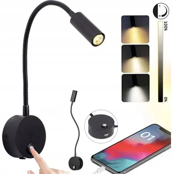 Lampička LED nástěnná lampa na čtení, černá noční lampa do ložnice s dotykovým stmíváním