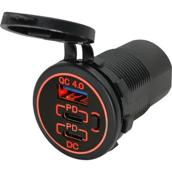 Unknown Adaptér 12/24V → 2x USB-C QC4PD + 1x USB-A - červené podsvícení