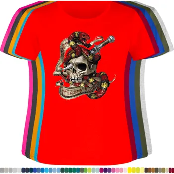 Dámské tričko damske-levne-bavlnene-tricko-digitalni-potisk-had-dyka-lebka Barva: Red - červená, velikost: L