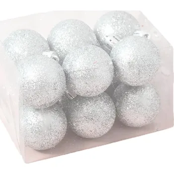 LAALU Vánoční ozdoby - koule, stříbrné s glitry, průměr 4 cm, 12 ks