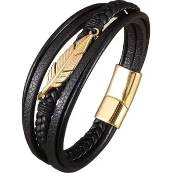 Náramek Predator Q1 Kožený náramek pírko zlatá 22cm A7004-7-2