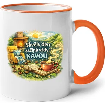 Keramický hrnek - Den začíná kávou, Barva Oranžová, Velikost 330 ml, Canvas Keramický hrnek s barevným uchem Bezvatriko.cz 3202