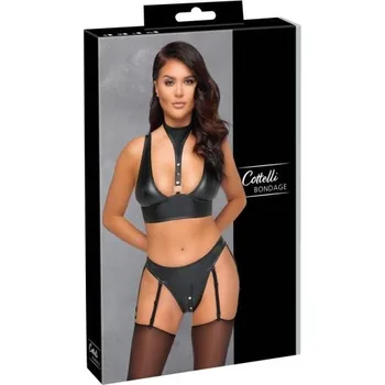 Dámské erotické prádlo Cottelli Bondage lesklá podprsenka s pouty černá, L