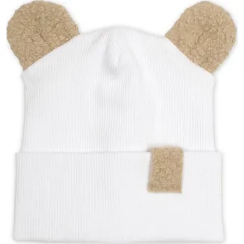 Dětská móda Baby Nellys Dvouvrstvá žebrovaná čepička s oušky boucle medvídek - bílá, 56/62