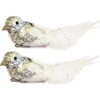LAALU Vánoční ozdoby - ptáček na klipu, stříbrný s glitery, 13 cm, 2 ks