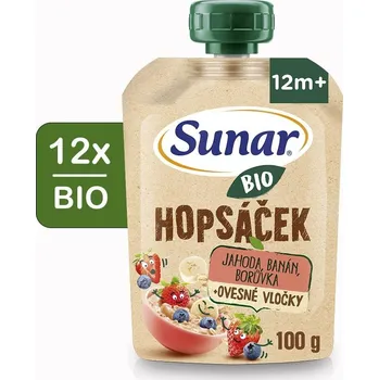 Sunar BIO ovocná kapsička Hopsáček jahoda, banán, borůvka a ovesné vločky 12× 100 g