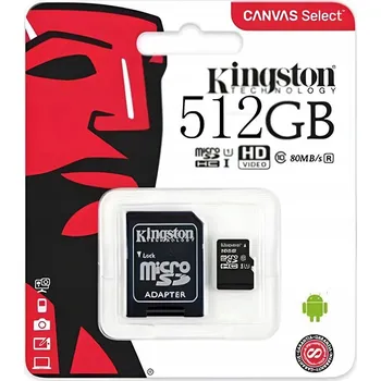 Paměťová karta Paměťová karta Kingston Micro SD 512 GB, 80 MB/s, třída 10 s adaptérem