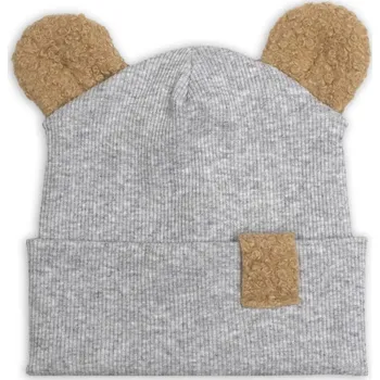 Dětská móda Baby Nellys Dvouvrstvá žebrovaná čepička s oušky boucle medvídek - šedý melír, 80/86