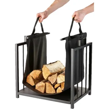 Koš na dřevo vč. plátěné tašky 51 × 37 × 50,5 cm černý