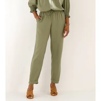 Dámské kalhoty Jednobarevné 7/8 kalhoty s pružným pasem khaki 48