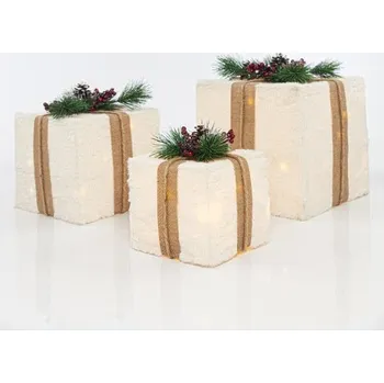Vánoce EUROLAMP Vánoční dekorace - osvětlené dárkové krabičky s bílou kožešinou, 3 ks