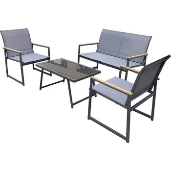 Zahradní sestava Zahradní set Cavon, šedý kov, černé tvrzené sklo, polywood