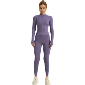 Dámská mikina Dámská sportovní souprava Triko s dlouhým rukávem a legíny Na zip Jednobarevná fitness souprava z polyesteru a spandexu fialová XS