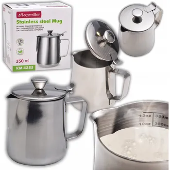 OCELOVÝ HRNEK DŽBÁNEK NA MLÉKO S VÍČKEM A MĚŘICÍ STUPNICÍ KAMILLE