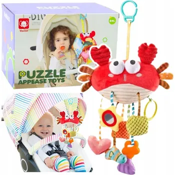 Hračka pro nejmenší PLYŠOVÁ HRAČKA SENZORICKÝ PŘÍVĚSEK NA POSTÝLKU KRAB KOUSÁTKO PRO MIMINKA 9v1