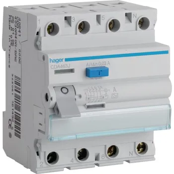 Proudový chránič HAGER RCCB proudový chránič 3P+N 63A 30mA 6kA A CDA463J