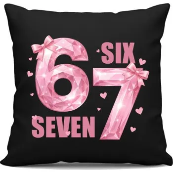 Žertovný předmět Six seven - 67 - růžová verze - černý polštář s potiskem- Tričkový.cz