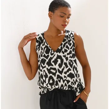 Top s potiskem a výstřihem do V černá/béžová 36