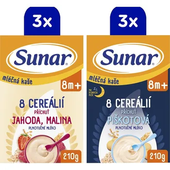 Dětská kaše Sunar mléčná kaše 8 cereálií mix příchutí 8m+, 6× 210 g