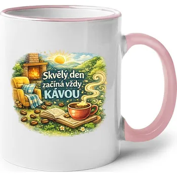 Keramický hrnek - Den začíná kávou, Barva Růžová, Velikost 330 ml, Canvas Keramický hrnek s barevným uchem Bezvatriko.cz 3202