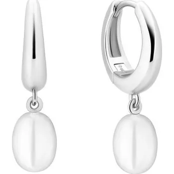 Náušnice ANNA PERLY Kruhové visací náušnice z rhodiovaného stříbra s bílou rice perlou (Ag 925/1000, 5,05 g)