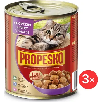 Krmivo pro kočku Propesko konzerva pro kočky s hovězím a játry v omáčce 3 × 830 g