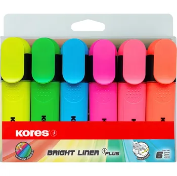 Kancelářské potřeby KORES BRIGHT LINER PLUS sada 6 barev (žlutá, zelená, růžová, oranžová, modrá, červená)