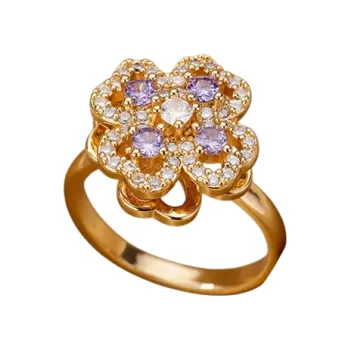 Prsten Dámský otevřený prstýnek čtyřlístek Nastavitelná velikost Zlatá barva Nerezová ocel Prsten s barevnými kamínky Třpytivý prsten pro štěstí