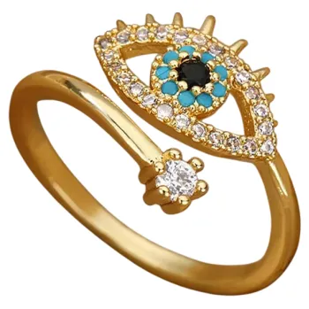 Prsten Otevřený nastavitelný dámský prstýnek z nerezové oceli a zirkonu Zlatá barva Zelené ďábelské oko Elegantní jemný šperk s kamínky