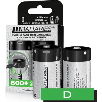 Článková baterie LIIBATTARIES Nabíjecí baterie tužková D - 6500 mAh USB-C 2 ks