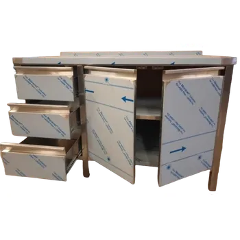 Dílenský stůl PMN - Výroba nerezového zařízení s.r.o. Pracovní stůl s křídlovými dvířky, policí a zásuvkovým boxem 1600 x 700 x 900 mm