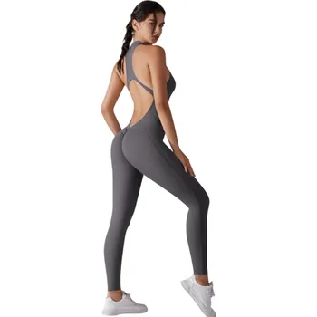 Dámský overall Dámský sportovní overal Ramínka s volnými zády a legíny Se zipem ve výstřihu Jednobarevný fitness overal z nylonu tmavě šedá M