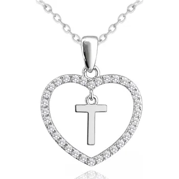 Šperk MINET Stříbrný náhrdelník písmeno v srdíčku "T" se zirkony (Ag 925/1000, 3,4 g)
