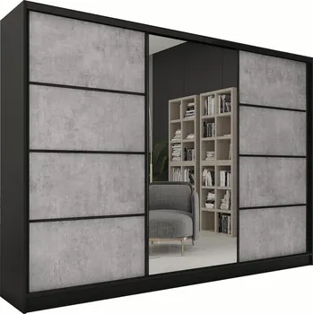 Šatní skříň Nejlevnější nábytek Harazia 280 se zrcadlem - černý mat / beton