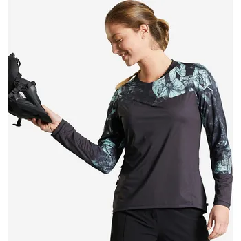 Pánské tričko ROCKRIDER Dámský dres s dlouhým rukávem na horské kolo EXPL500 L ZELENÁ|ČERNÁ