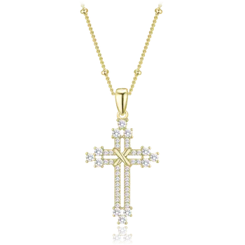 Náhrdelník 4285 MINET Pozlacený stříbrný náhrdelník křížek se zirkony a řetízek s kuličkami
