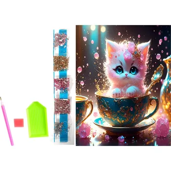 Diamantové malování NORIMPEX Kotě v čajovém šálku 23 × 30 cm