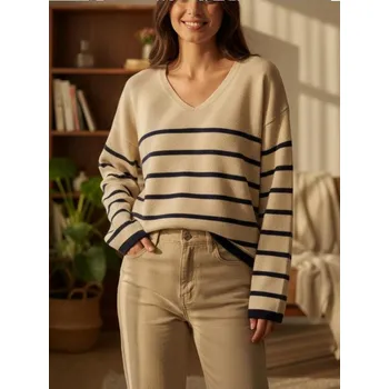 Dámský svetr Sinsay - Pruhovaný Svetr s Výstřihem do V - béžová - 058IJ-08P - 058IJ-08P-XL