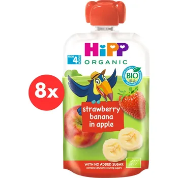 Dětská výživa HiPP BIO 100% ovoce Jablko-Banán-Jahoda od uk. 4. měsíce, 8× 100 g