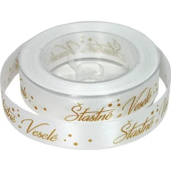 Vánoční dekorace GOBA Stuha - látková, 25 m/2,5 cm, Šťastné a veselé, bílá